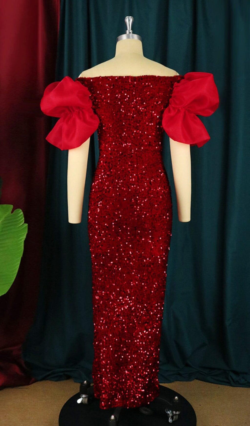 EXAGGERATED SLEEVES SLIM SEQUIN MAXI DRESS IN RED