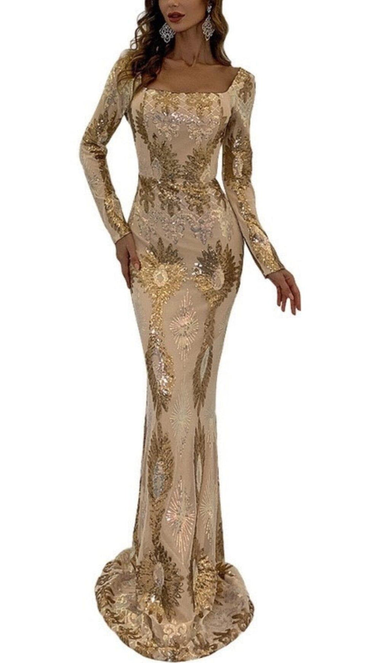 LONG SLEEVES WITH PRINT MAXI DRESS IN GOLD
