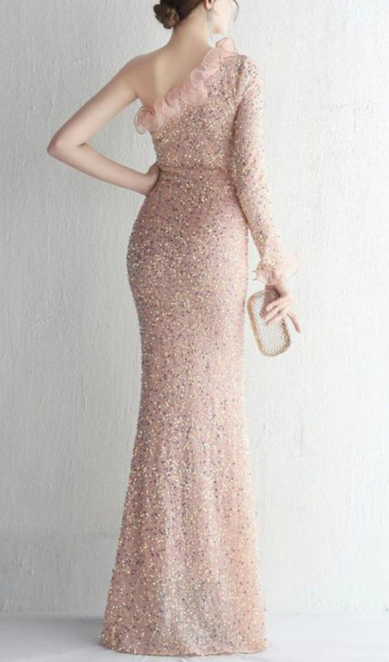 ONE-SHOULDER PUFF SLEEVE SEQUIN STITCHED MAXI DRESS