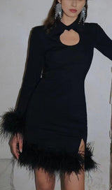 FEATHER STITCHED DRESS IN BLACK