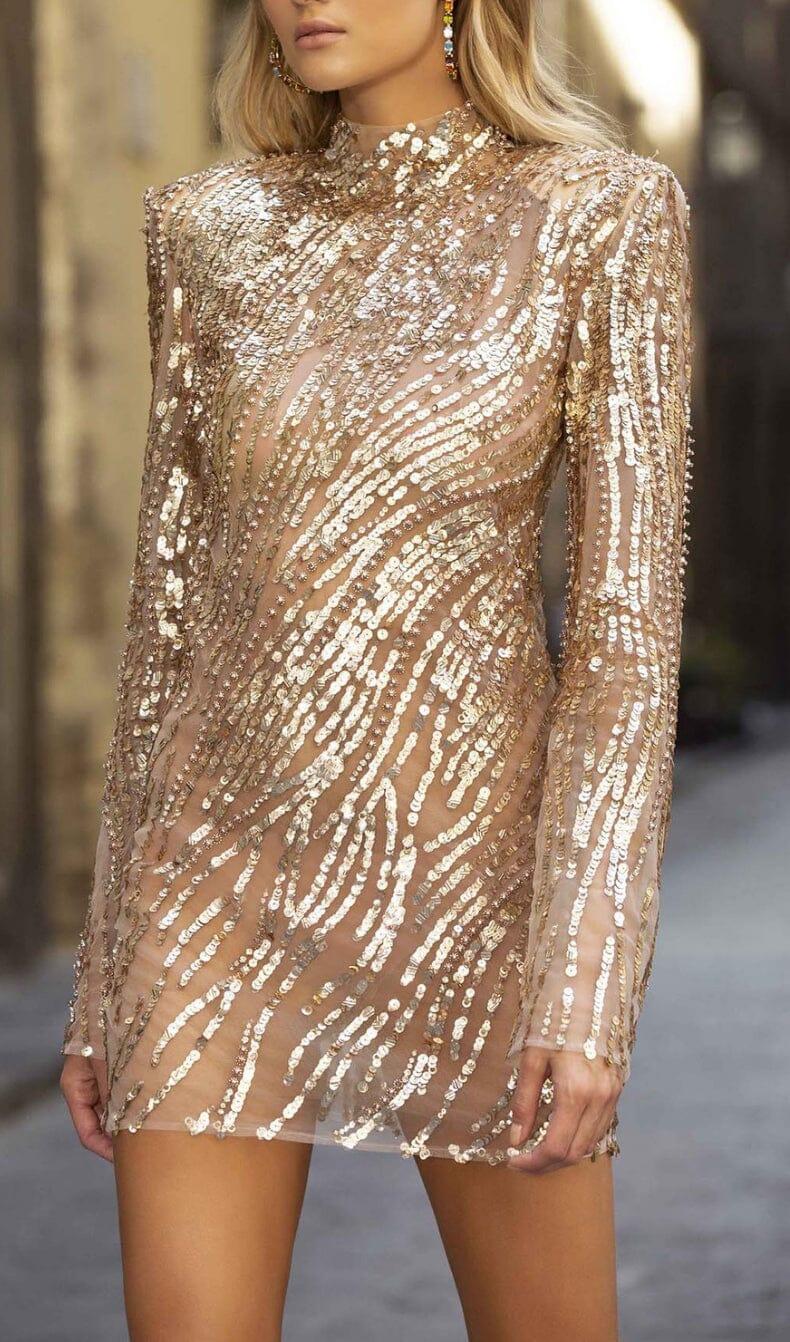 POLYESTER FASHION MODERN SEQUINS BACKLESS MINI DRESS IN GOLD