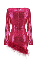 SEQUIN FEATHER MINI DRESS IN PINK