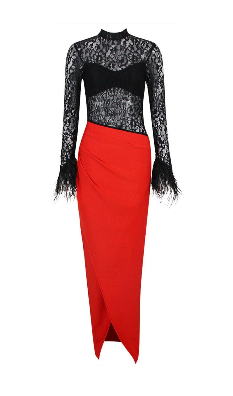 SPLICED LACE FEATHER SLIT DRESS IN BLACK AND RED