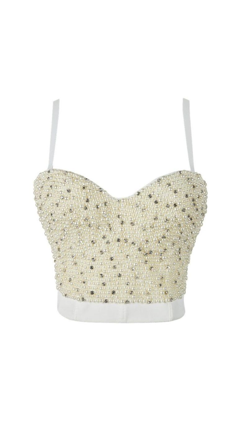 PEARL EMBELLISHED CORSET TOP IN WHITE