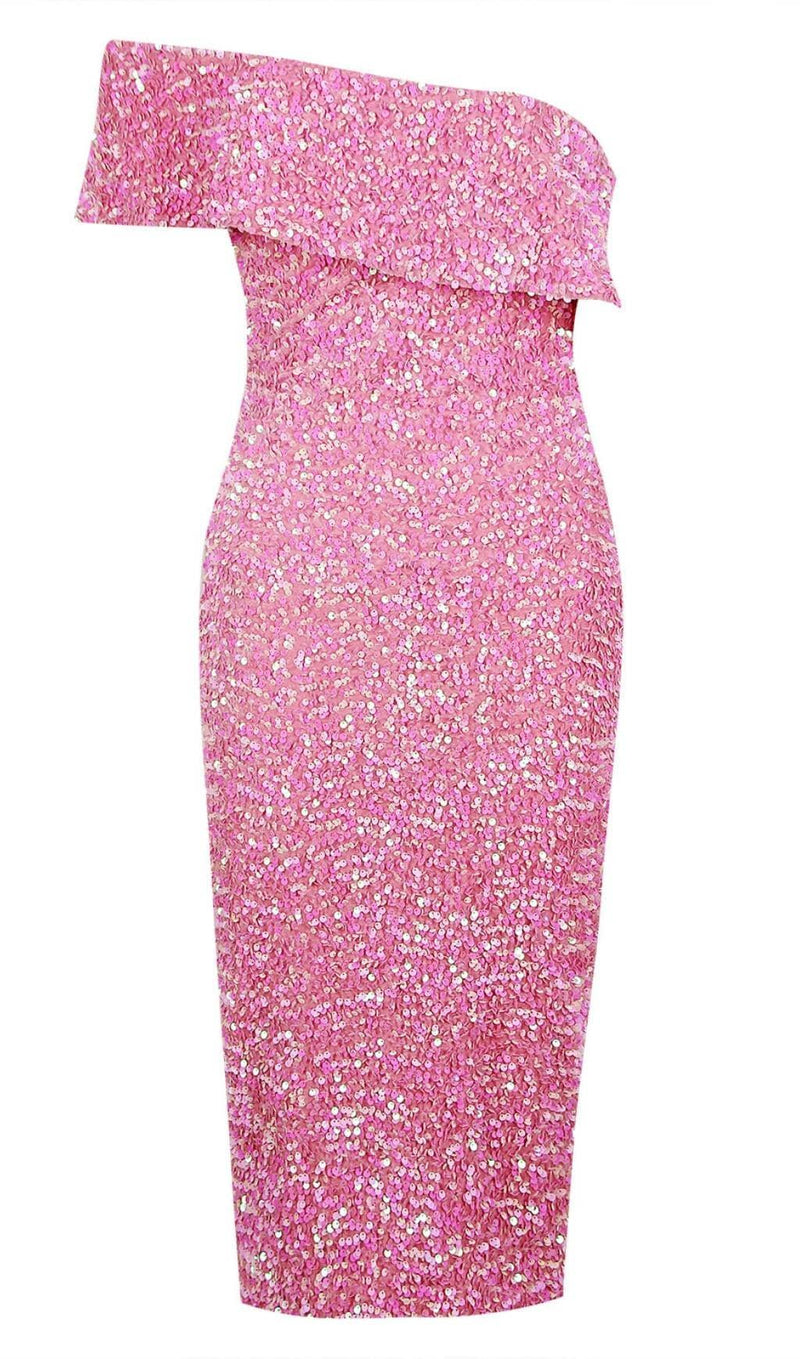 SEQUIN STRAPLESS MIDI DRESS IN PINK