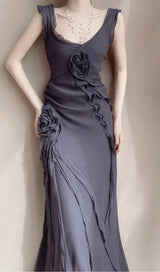 MESH VINTAGE FLORAL PLEATED MAXI DRESS IN GREY