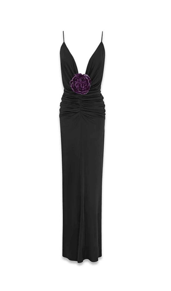 POLYESTER FLORAL RUFFLE SLIMMING HALTER MAXI DRESS IN BLACK