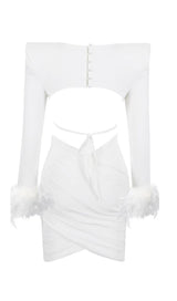 SHOULEDR PAD WAIST BARING FEATHER BLOUSE PLEATED DRESS IN WHITE