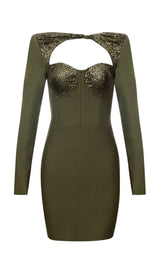 SEQUIN BODICE HIP WRAP DRESS IN OLIVE GREEN