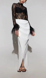 SPLICED LACE FEATHER SLIT DRESS IN BLACK AND WHITE