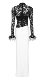 SPLICED LACE FEATHER SLIT DRESS IN BLACK AND WHITE