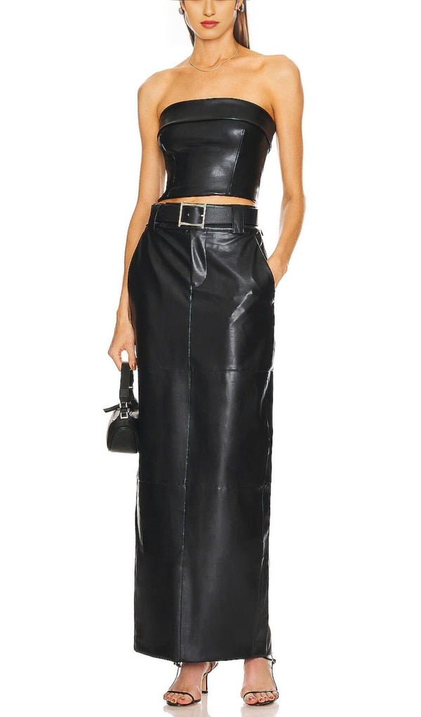 TWO-PIECE MATTE LEATHER TOP WITH BELT DRESS IN BLACK