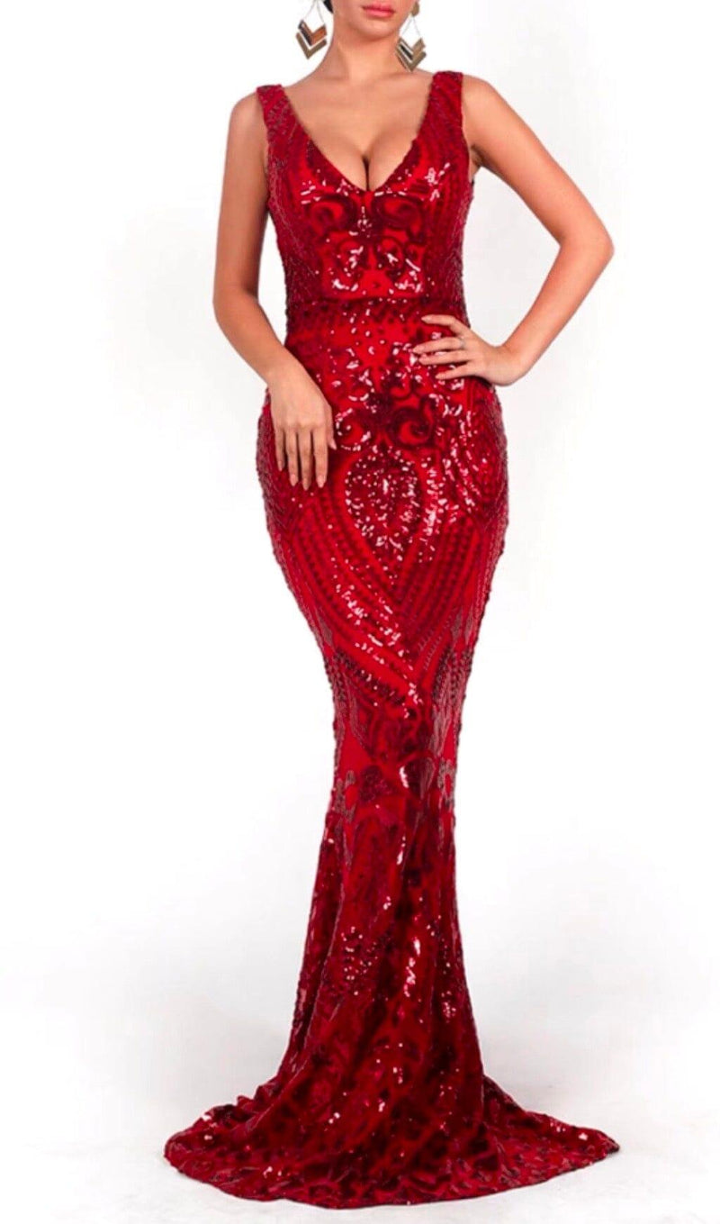 V-NECK SLEEVELESS SEQUINS MAXI DRESS IN RED