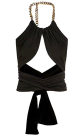VEST WITH METAL CHAIN HANGING NECK TOP IN BLACK