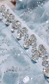 MESH DIAMOND CUT-OUT WAISTLESS SEQUIN SPLID DRESS IN LIGHT BLUE