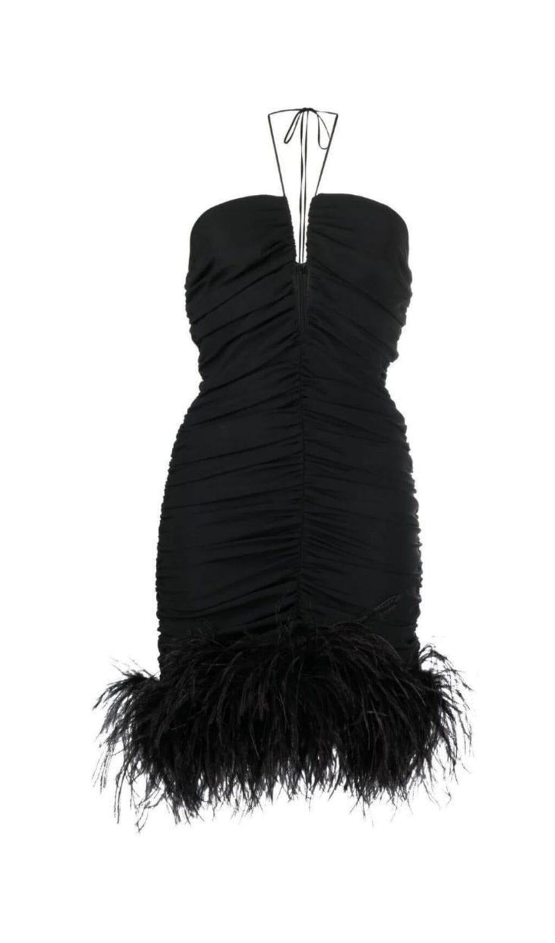 SEXY STRETCH OFF-SHOULDER FEATHER MINI DRESS IN BLACK