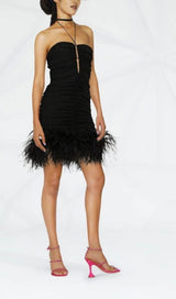 SEXY STRETCH OFF-SHOULDER FEATHER MINI DRESS IN BLACK