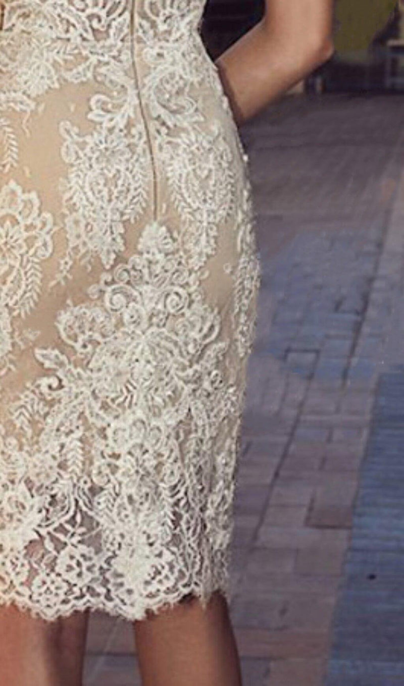 OFF SHOULDER LACE SHORT WEDDING DRESS IN APRICOT