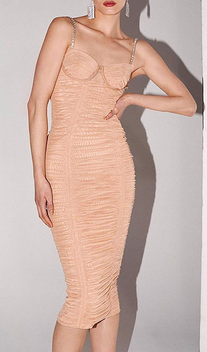 NUDE STRAPPY SEQUINS EMBELLISHED MESH MIDI DRESS