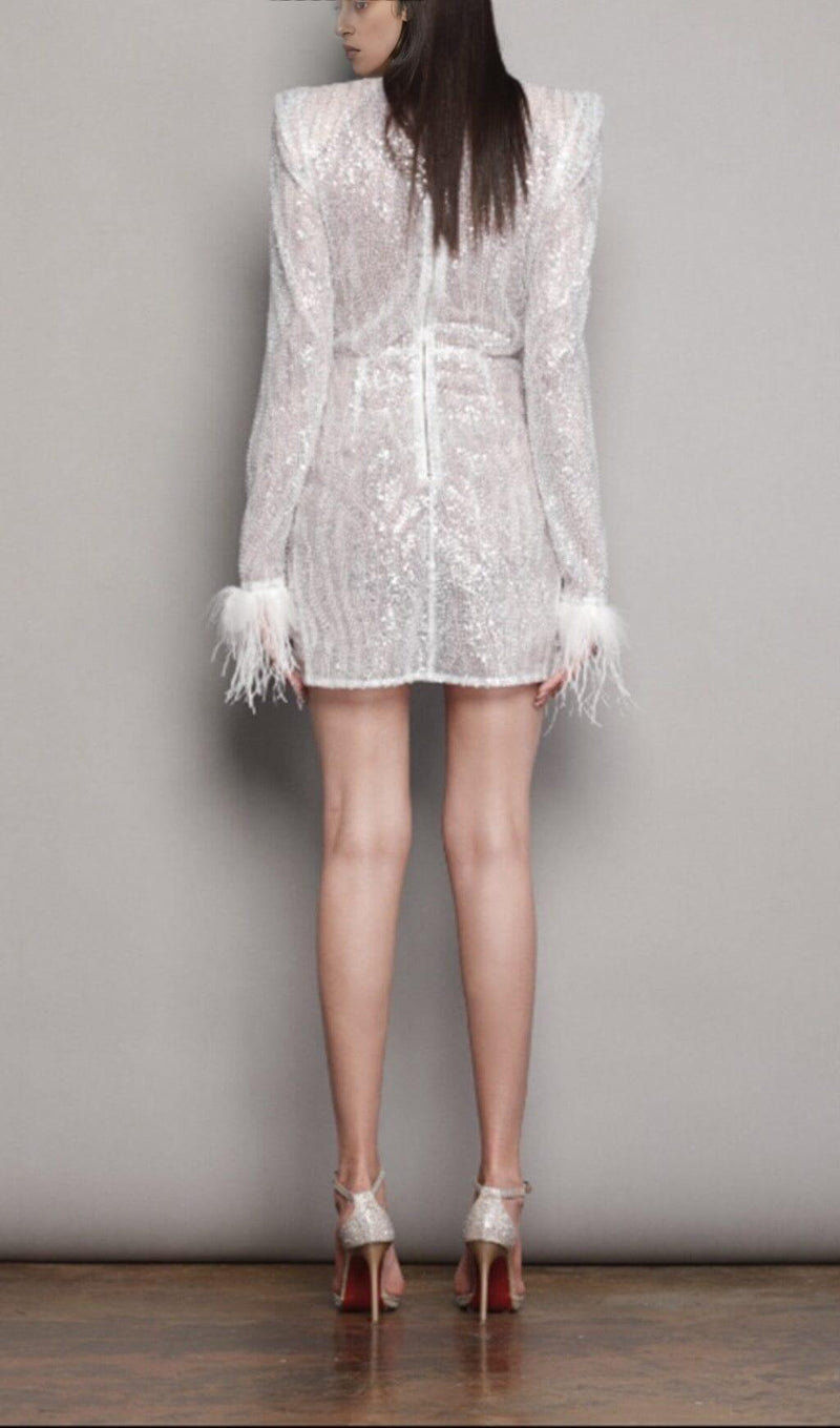 SEQUINED FEATHER MINI DRESS IN WHITE