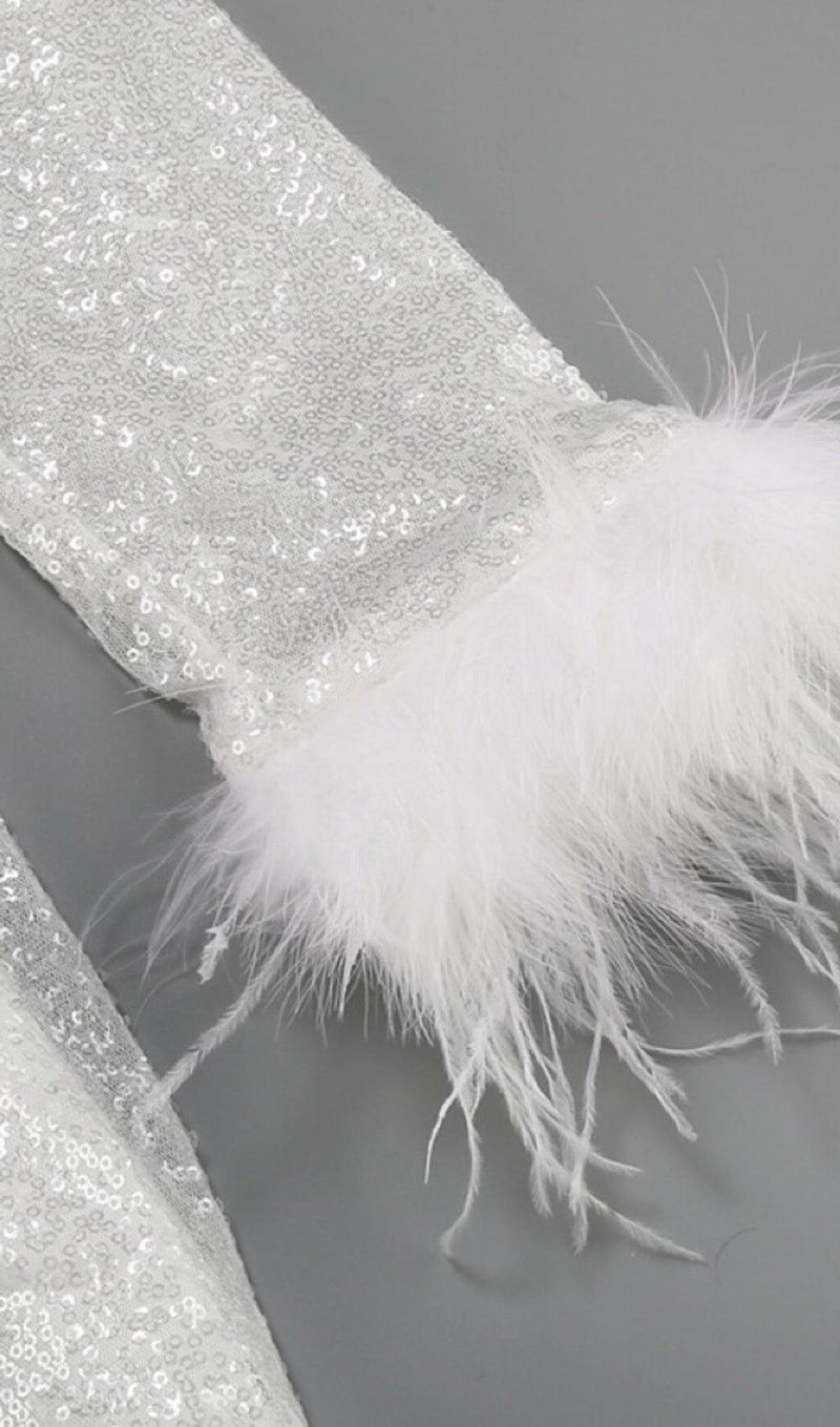 SEQUINED FEATHER MINI DRESS IN WHITE