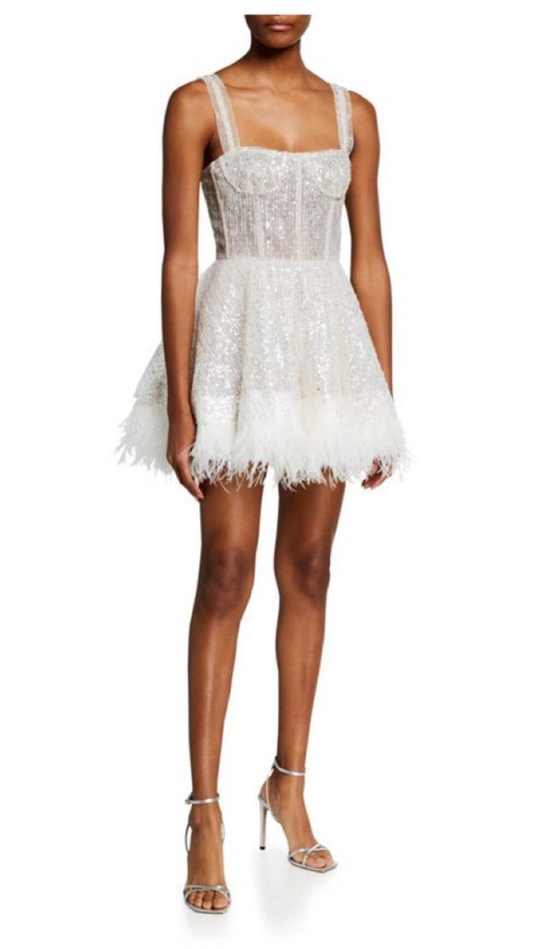 SEQUIN FEATHER SUSPENDER DRESS IN APRICOT 