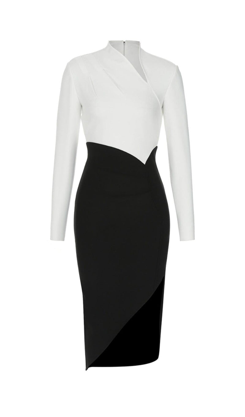 KNITTED BANDAGE SPLICING MIDI DRESS IN BLACK AND WHITE