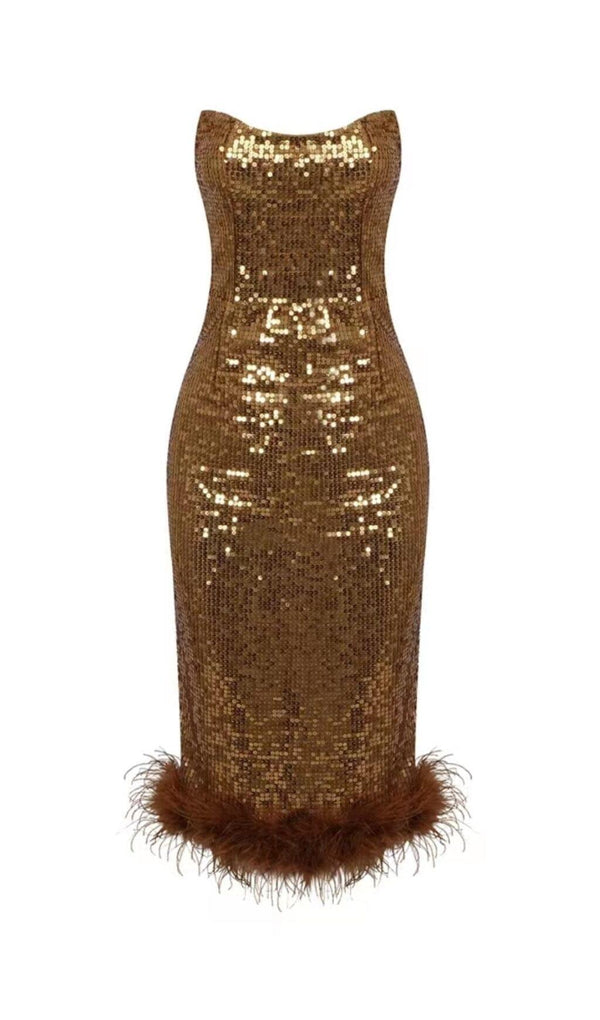 SEQUINED PLUSH SLIM FIT DRESS IN BROWN