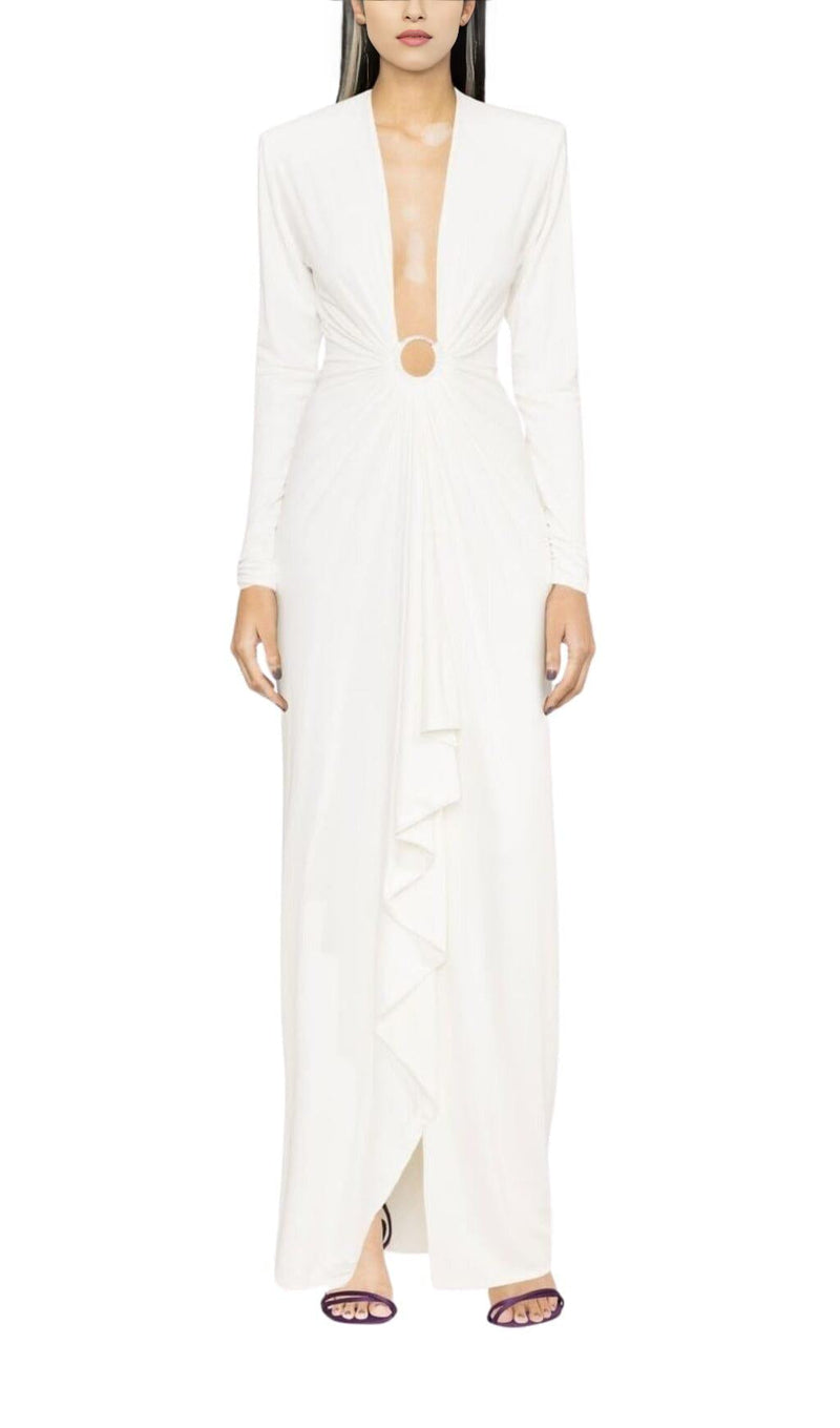 WHITE PLUNGE-NECK DRAPED GOWN