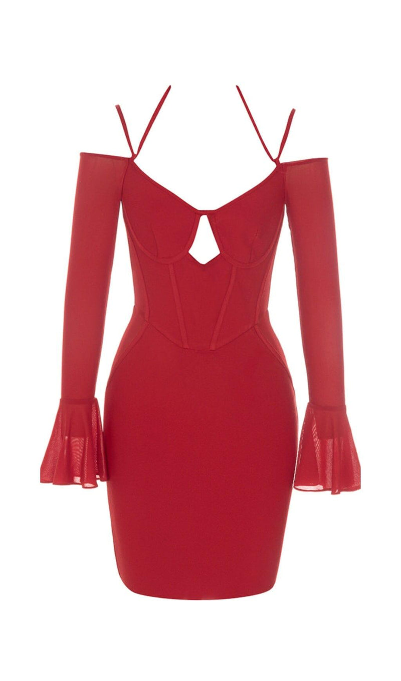 BANDAGE HANGING NECK RUFFLE SLEEVE STRETCH SLIM DRESS IN RED