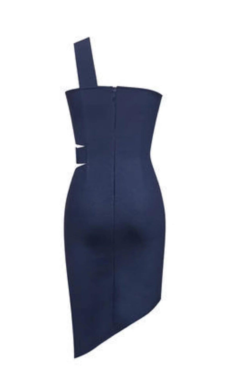ONE-SHOULDER DRESS WITH DRILL BUCKLE SPLIT IN NAVY BLUE