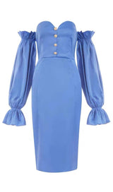 Blue Off Shoulder Satin Midi Dress