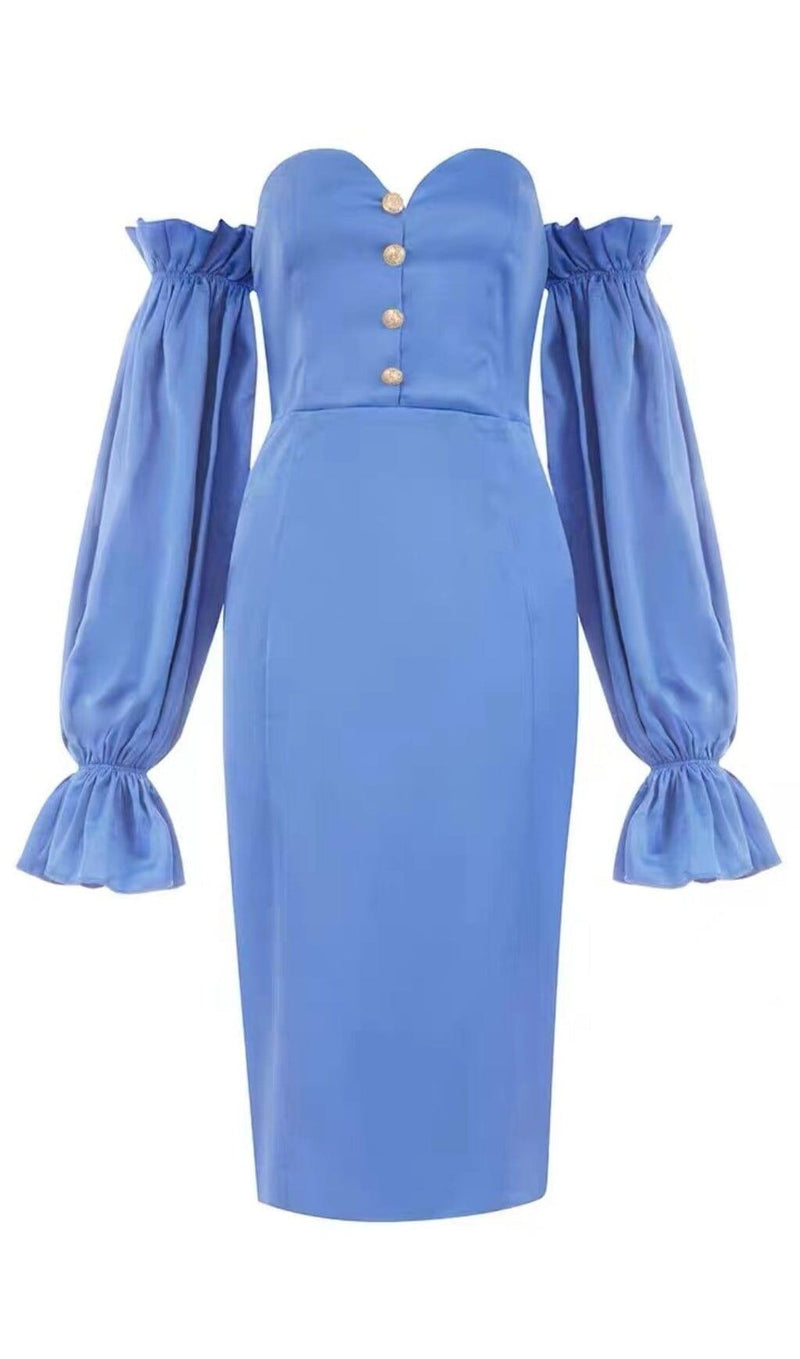 Blue Off Shoulder Satin Midi Dress