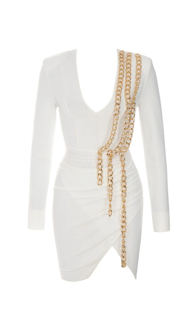 CHAIN KNITTED TIGHT MINI DRESS IN WHITE
