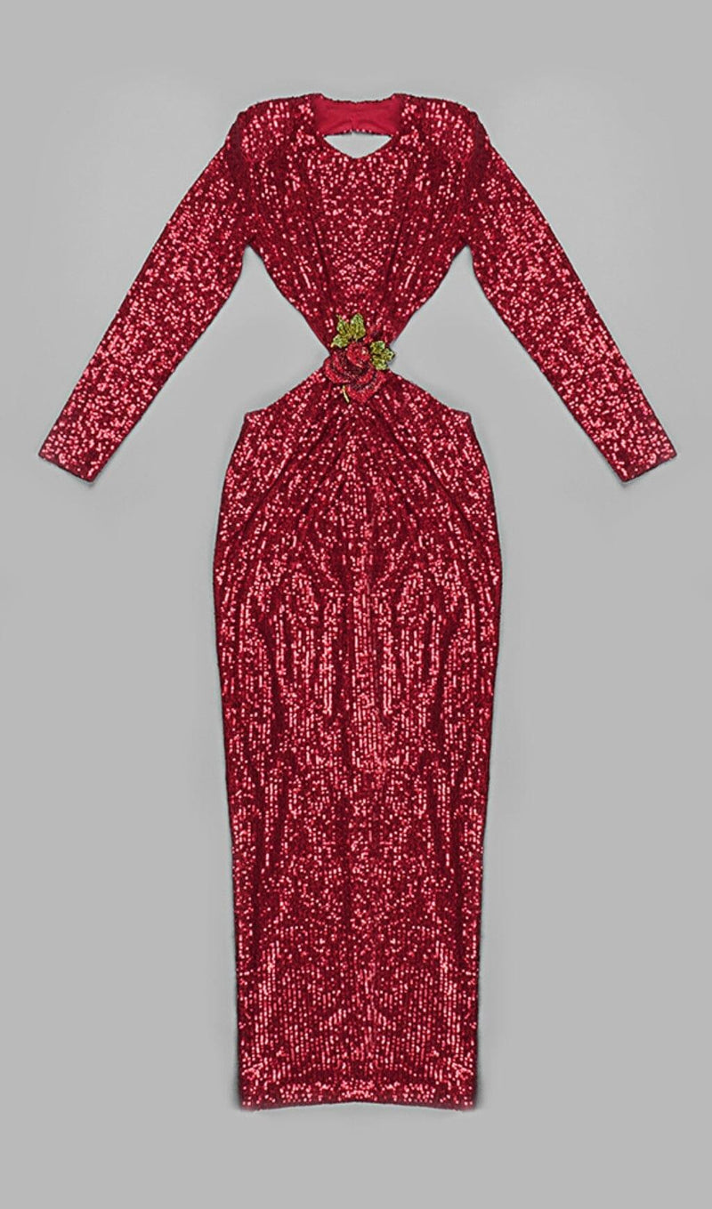 SEQUIN CUTOUT BACKLESS MAXI DRESS IN RED