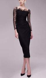 LACE LONG SLEEVE PLEATED DRESS IN BLACK